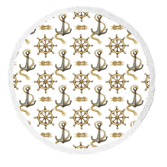 ABPHQTO Nautical Pattern Round Beach Blanket with Tassels Beach Throw Towel Yoga Mat Picnic Blanket