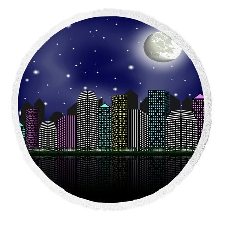 ABPHQTO Night City Clear Sky And Moon Round Beach Blanket with Tassels Beach Throw Towel Yoga Mat Picnic Blanket