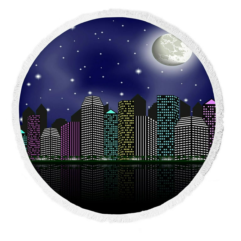 ABPHQTO Night City Clear Sky And Moon Round Beach Blanket with Tassels Beach Throw Towel Yoga Mat Picnic Blanket