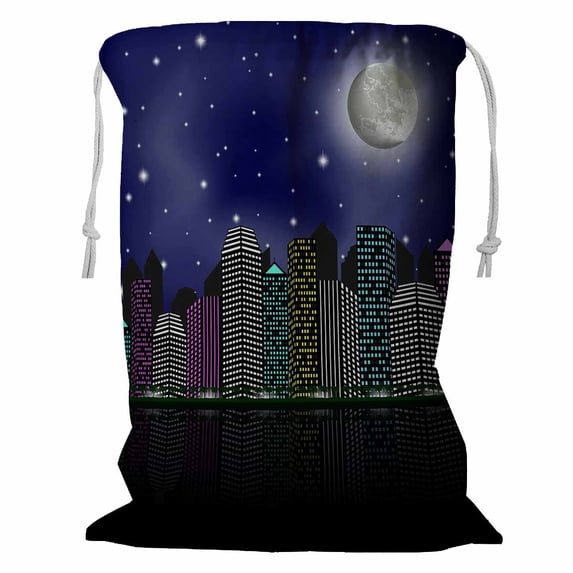 ABPHQTO Night City Clear Sky And Moon Storage Basket Laundry Bag with Drawstring 18x24 Inch
