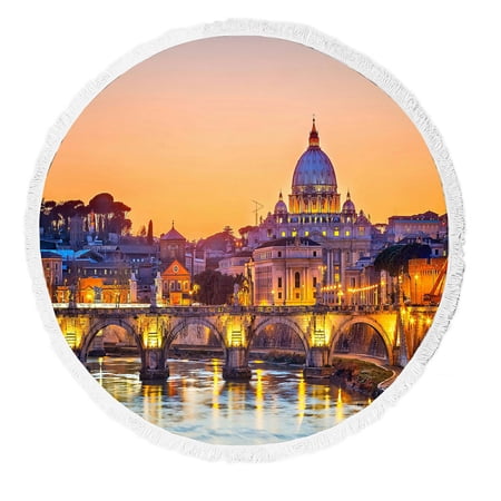 ABPHQTO Night View Cathedral In Rome Italy Round Beach Blanket with Tassels Beach Throw Towel Yoga Mat Picnic Blanket