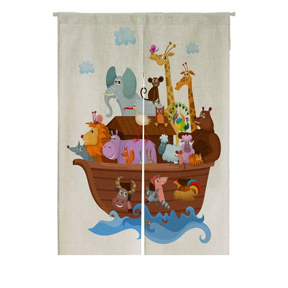 ABPHQTO Noah'S Ark Cute Cartoon Animals Japanese Noren Curtain Doorway Door Window Treatment Curtains Cotton Linen Curtain 85x120 cm