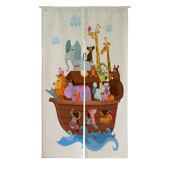 ABPHQTO Noah'S Ark Cute Cartoon Animals Japanese Noren Curtain Doorway Door Window Treatment Curtains Cotton Linen Curtain 85x150 cm