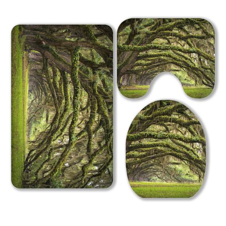 ABPHQTO Oaks Avenue Plantation Live Oak Trees Forest Landscape 3 Piece Bathroom Rugs Set Bath Rug Contour Mat and Toilet Lid Cover