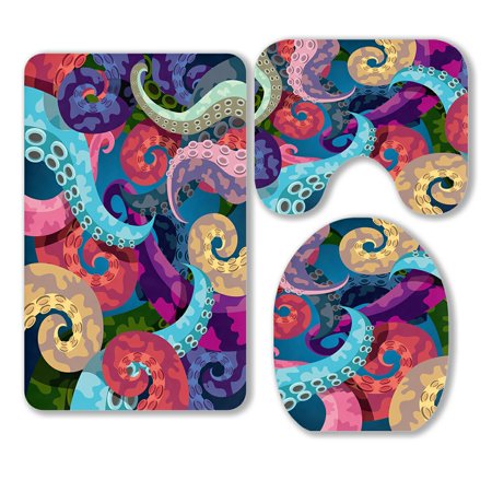 ABPHQTO Octopus 3 Piece Bathroom Rugs Set Bath Rug Contour Mat and Toilet Lid Cover