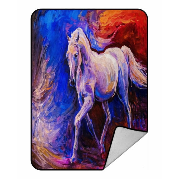 ABPHQTO Oil Painting White Running Horse Fleece Blanket Fleece Back Throw Blanket 58x80 Inch