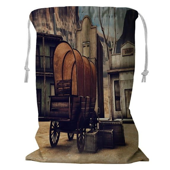 ABPHQTO Old Cart Wooden Town Wild West 3D Storage Basket Laundry Bag with Drawstring 24x32 Inch
