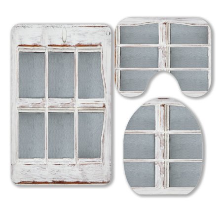 ABPHQTO Old Wood Door Panel Glass White Paint Full Frame 3 Piece Bathroom Rugs Set Bath Rug Contour Mat and Toilet Lid Cover