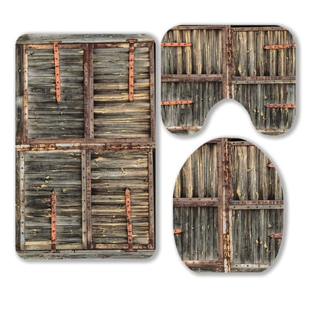 ABPHQTO Old Wooden Door With Rusty Hinges 3 Piece Bathroom Rugs Set Bath Rug Contour Mat and Toilet Lid Cover