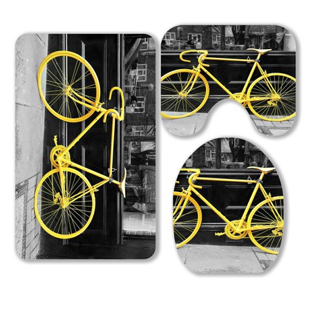 ABPHQTO Old Yellow Bike Window Coffee Shop 3 Piece Bathroom Rugs Set Bath Rug Contour Mat and Toilet Lid Cover