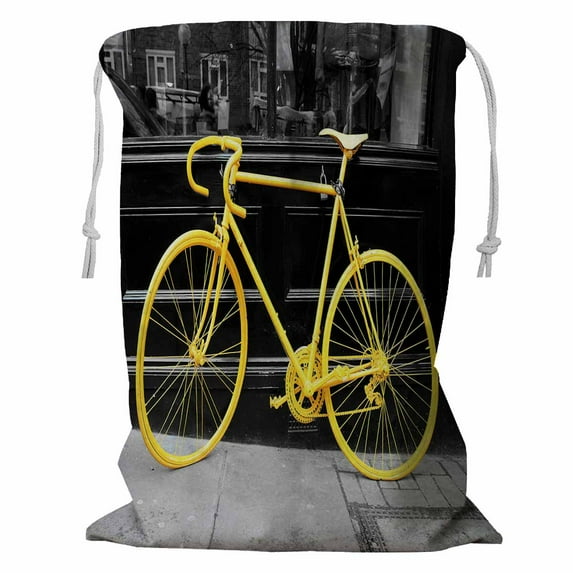 ABPHQTO Old Yellow Bike Window Coffee Shop Storage Basket Laundry Bag with Drawstring 24x32 Inch