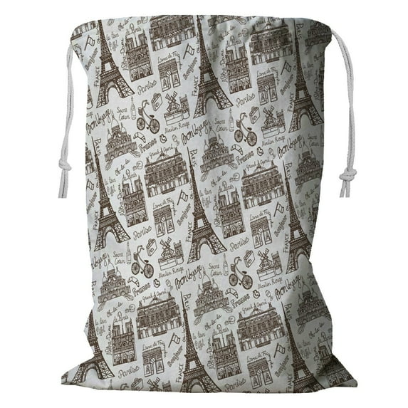 ABPHQTO Paris Landmark Lettering Vintage Doodle French Storage Basket Laundry Bag with Drawstring 18x24 Inch