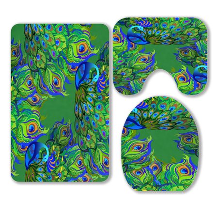 ABPHQTO Peacock Birds Fully Fanned Tail Green 3 Piece Bathroom Rugs Set Bath Rug Contour Mat and Toilet Lid Cover