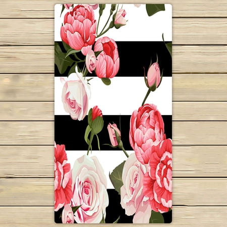 ABPHQTO Peony And Roses Black White Stripes Flower Towels,Beach Bath Pool Sprot Travel Hand Spa Towel 30x56 Inch