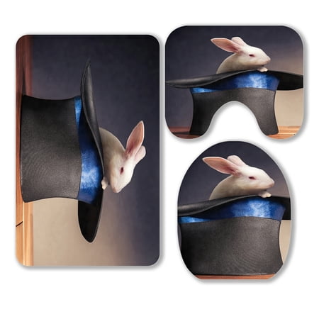 ABPHQTO Photo Composite Rabbit Magician Hat 3 Piece Bathroom Rugs Set Bath Rug Contour Mat and Toilet Lid Cover