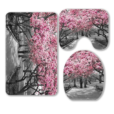 ABPHQTO Pink Blossoms Central Park Black White Landscape New York City 3 Piece Bathroom Rugs Set Bath Rug Contour Mat and Toilet Lid Cover