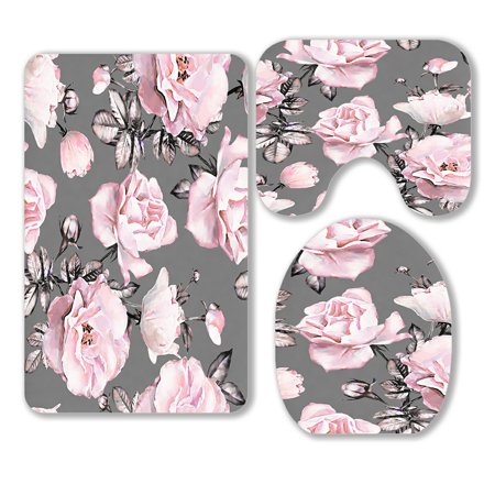 ABPHQTO Pink Flowers Leaves On Gray 3 Piece Bathroom Rugs Set Bath Rug Contour Mat and Toilet Lid Cover