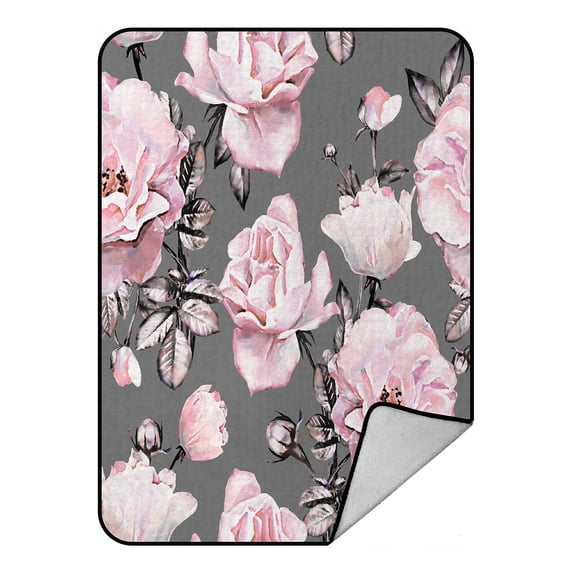 ABPHQTO Pink Flowers Leaves On Gray Fleece Blanket Fleece Back Throw Blanket 58x80inch