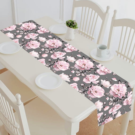 ABPHQTO Pink Flowers Leaves On Gray Table Runner Placemat Tablecloth For Home Decor 16x72 Inch