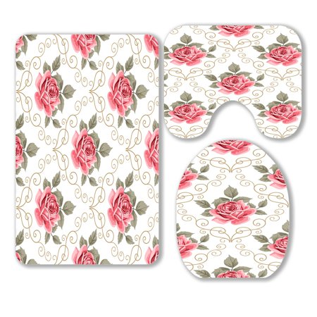 ABPHQTO Pink Roses Curly White Retro 3 Piece Bathroom Rugs Set Bath Rug Contour Mat and Toilet Lid Cover