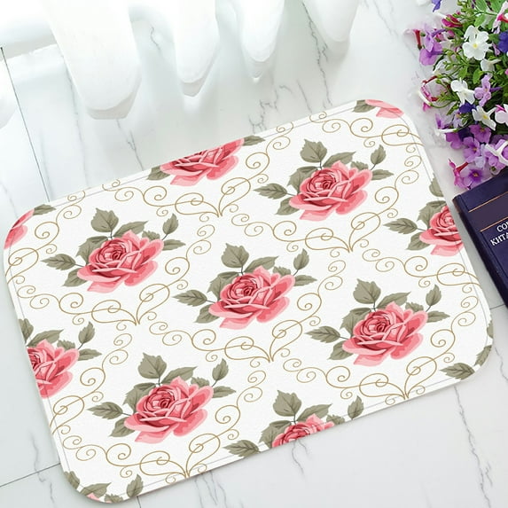 ABPHQTO Pink Roses Curly White Retro Doormat Entrance Rug Area Rug Floor Mat Home Decor 23.5x16.7 Inch