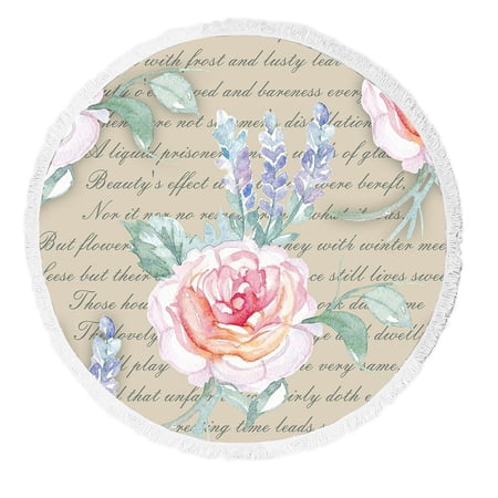 ABPHQTO Pink Roses With Lavender Round Beach Blanket with Tassels Beach Throw Towel Yoga Mat Picnic Blanket