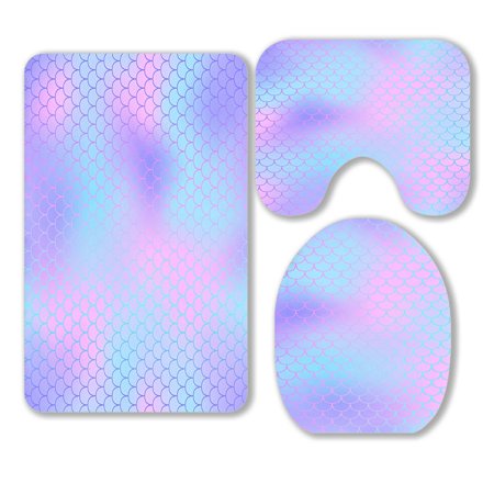 ABPHQTO Pink Violet Fish Skin Mermaid Tail 3 Piece Bathroom Rugs Set Bath Rug Contour Mat and Toilet Lid Cover