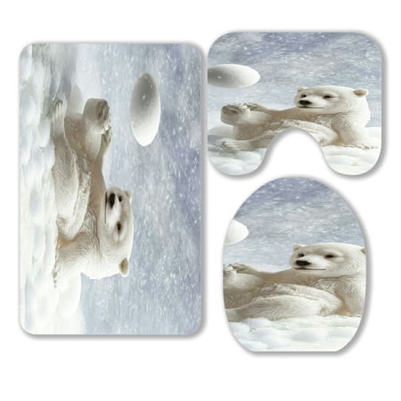 ABPHQTO Polar Bear Winter Playing Snowball 3 Piece Bathroom Rugs Set Bath Rug Contour Mat and Toilet Lid Cover