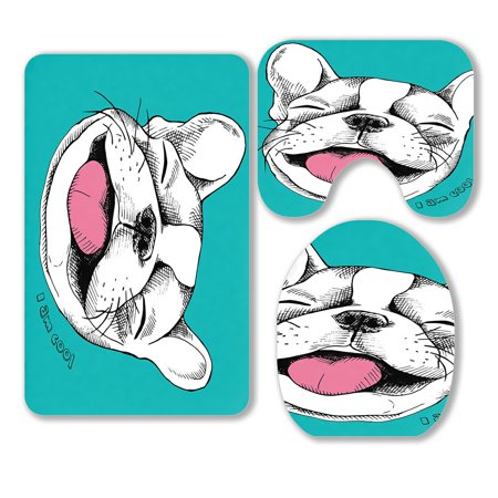 ABPHQTO Portrait Cheerful French Bulldog Laughing 3 Piece Bathroom Rugs Set Bath Rug Contour Mat and Toilet Lid Cover
