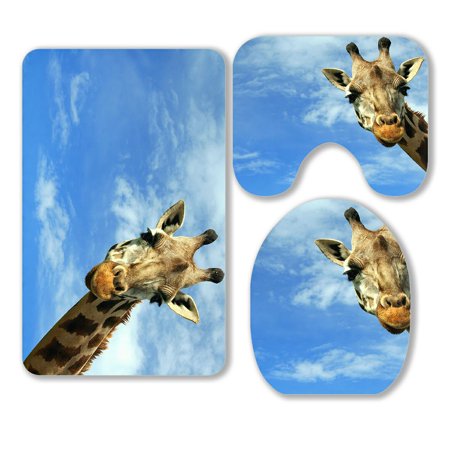 ABPHQTO Portrait Giraffe Camelopardalis Blue Sky White Clouds Wildlife 3 Piece Bathroom Rugs Set Bath Rug Contour Mat and Toilet Lid Cover