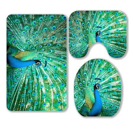ABPHQTO Portrait Of Peacock With Feathers Out 3 Piece Bathroom Rugs Set Bath Rug Contour Mat and Toilet Lid Cover