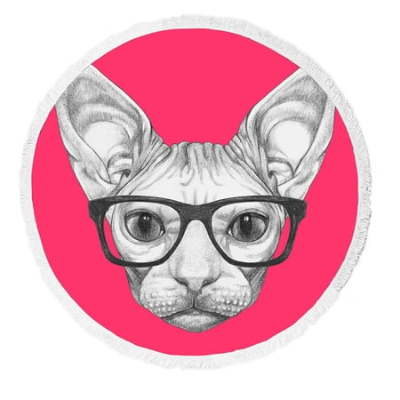 ABPHQTO Portrait Of Sphynx Cat With Glasses Beach Towel Beach Blanket with Tassels Beach Throw Towel Yoga Mat Picnic Blanket