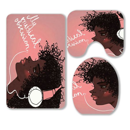 ABPHQTO Profile African Girl Headphones 3 Piece Bathroom Rugs Set Bath Rug Contour Mat and Toilet Lid Cover