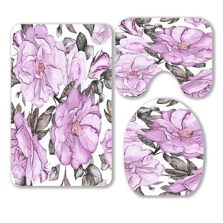 ABPHQTO Purple Flowers And Leaves On White Floral Flower Rose 3 Piece Bathroom Rugs Set Bath Rug Contour Mat and Toilet Lid Cover