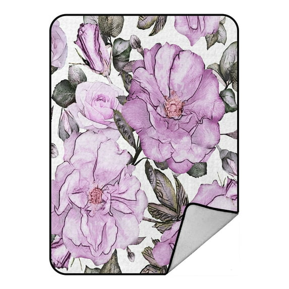 ABPHQTO Purple Flowers And Leaves On White Floral Flower Rose Fleece Blanket Fleece Back Throw Blanket 58x80 Inch