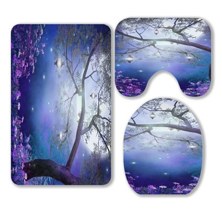ABPHQTO Purple Meadow With A Fairy Tree 3 Piece Bathroom Rugs Set Bath Rug Contour Mat and Toilet Lid Cover