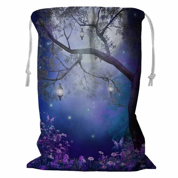 ABPHQTO Purple Meadow With A Fairy Tree Storage Basket Laundry Bag with Drawstring 24x32 Inch