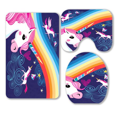 ABPHQTO Rainbow And Unicorns 3 Piece Bathroom Rugs Set Bath Rug Contour Mat and Toilet Lid Cover