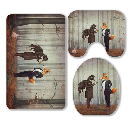 ABPHQTO Raven Fox Dark Forest Looking At Watch 3 Piece Bathroom Rugs Set Bath Rug Contour Mat and Toilet Lid Cover