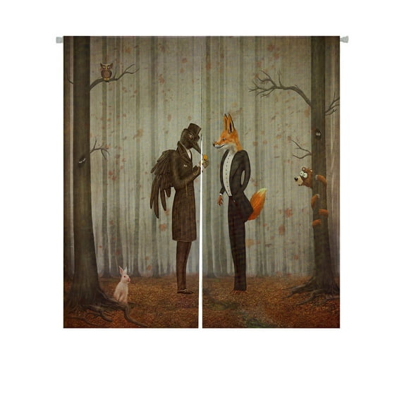 ABPHQTO Raven Fox Dark Forest Looking At Watch Japanese Noren Curtain Doorway Door Window Treatment Curtains Cotton Linen Curtain 85x90 cm