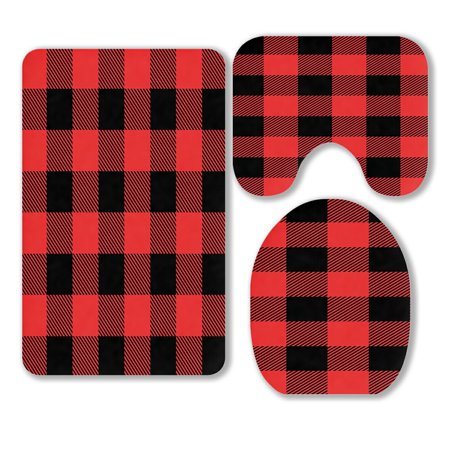 ABPHQTO Red And Black Tartan Plaid Checkered Pattern 3 Piece Bathroom Rugs Set Bath Rug Contour Mat and Toilet Lid Cover