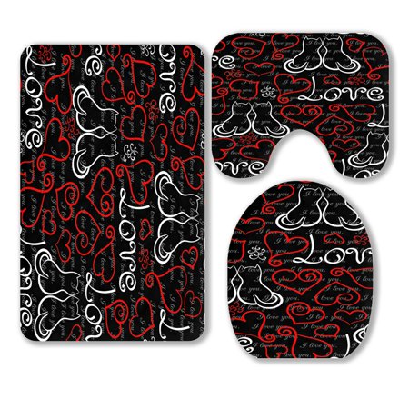 ABPHQTO Red Black White Hearts Cats Valentine'S Day Romantic 3 Piece Bathroom Rugs Set Bath Rug Contour Mat and Toilet Lid Cover