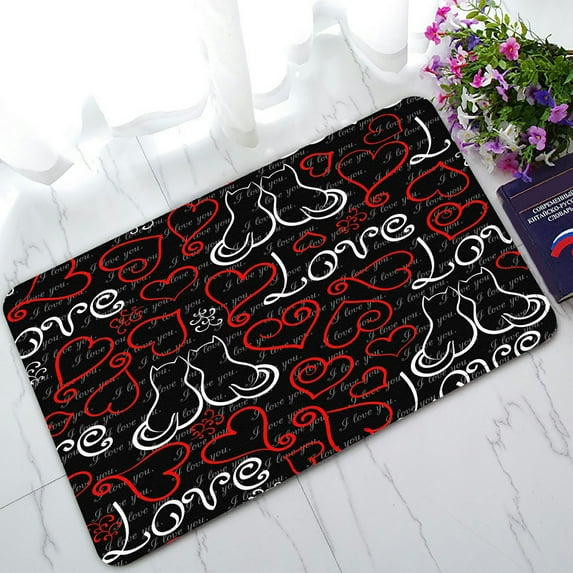 ABPHQTO Red Black White Hearts Cats Valentine'S Day Romantic Doormat Entrance Rug Area Rug Floor Mat Home Decor 30x18 Inch