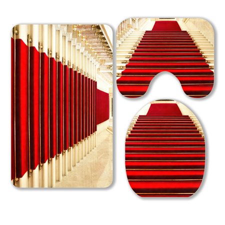 ABPHQTO Red Carpet On The Stairs In A Luxury Interior 3 Piece Bathroom Rugs Set Bath Rug Contour Mat and Toilet Lid Cover