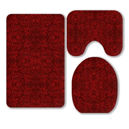 ABPHQTO Red Floral 3 Piece Bathroom Rugs Set Bath Rug Contour Mat and Toilet Lid Cover