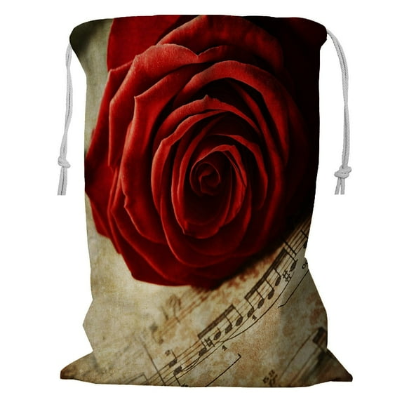 ABPHQTO Red Rose Vintage Music Sheets Storage Basket Laundry Bag with Drawstring 18x24 Inch