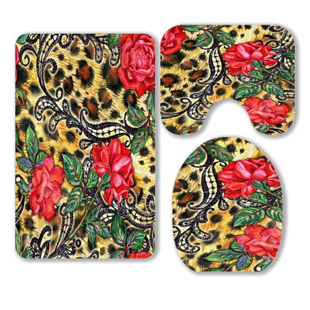 ABPHQTO Red Roses Laces On A Leopard 3 Piece Bathroom Rugs Set Bath Rug Contour Mat and Toilet Lid Cover