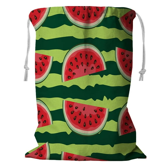 ABPHQTO Red Watermelon Slice On Striped Green Storage Basket Laundry Bag with Drawstring 18x24 Inch