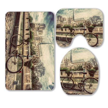 ABPHQTO Retro Bike In Paris 3 Piece Bathroom Rugs Set Bath Rug Contour Mat and Toilet Lid Cover