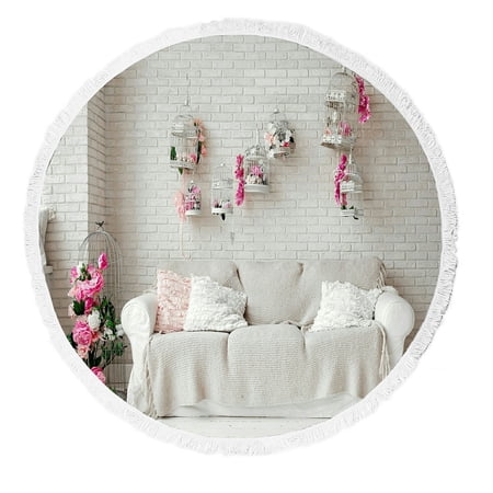ABPHQTO Room Decorated For St Valentine Day White Sofa Cages Round Beach Blanket with Tassels Beach Throw Towel Yoga Mat Picnic Blanket